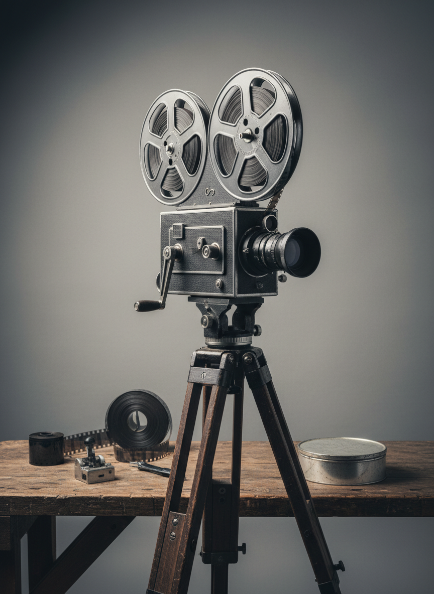 A vintage 16mm motion picture camera with a matte black metal body, winding crank, and dual film reels mounted on a sturdy tripod in front of a neutral backdrop. On the table beside it, a coiled 16mm film reel, a splicer, and a small reel can are neatly arranged. Soft, directional studio light from the upper left creates crisp highlights along the camera’s edges and subtle reflections on the reels, while the background remains gently blurred. Composed at a slightly low angle to give the camera a sense of importance, the image feels archival yet contemporary, perfect for explaining the history of motion picture equipment.
