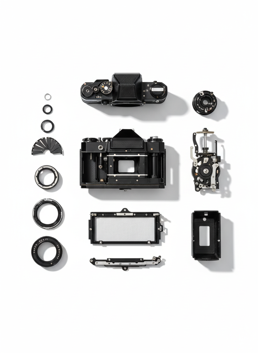 An exploded-view arrangement of a classic 35mm SLR film camera laid out on a clean white background, each component—lens elements, shutter curtains, mirror, film advance mechanism, body shell—carefully spaced to reveal inner workings. Thin, softly cast shadows from overhead, evenly diffused studio lighting help separate each part visually. The scene is shot from a perfectly top-down, bird’s-eye perspective with sharp focus across the frame, creating a technical, diagram-like feel while remaining fully photographic. The mood is analytical and educational, emphasizing mechanical precision and design evolution for students studying camera technology.