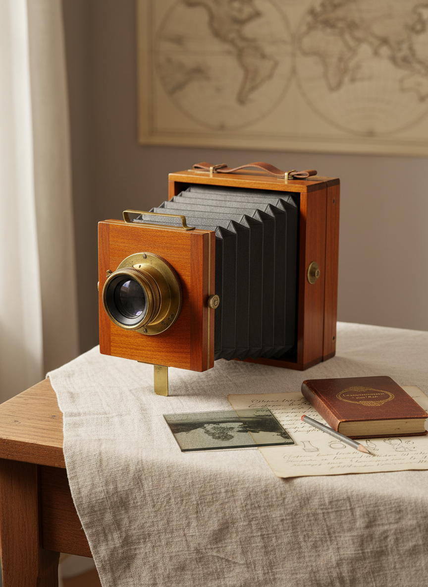 A meticulously restored 19th-century wooden box camera with a polished mahogany body, brass lens, and accordion-style bellows, positioned on a simple linen-covered table. Beside it, a glass plate negative and a small leather-bound notebook rest neatly, suggesting early photographic experimentation. Soft, diffused window light from the left highlights the wood grain and subtle tarnish on the brass fittings, casting delicate shadows. The background is a muted, out-of-focus studio wall with a hint of historical maps. Captured from a three-quarter angle with moderate depth of field, the composition is centered and calm, emphasizing historical detail in a professional, photographic realism style for educational use.