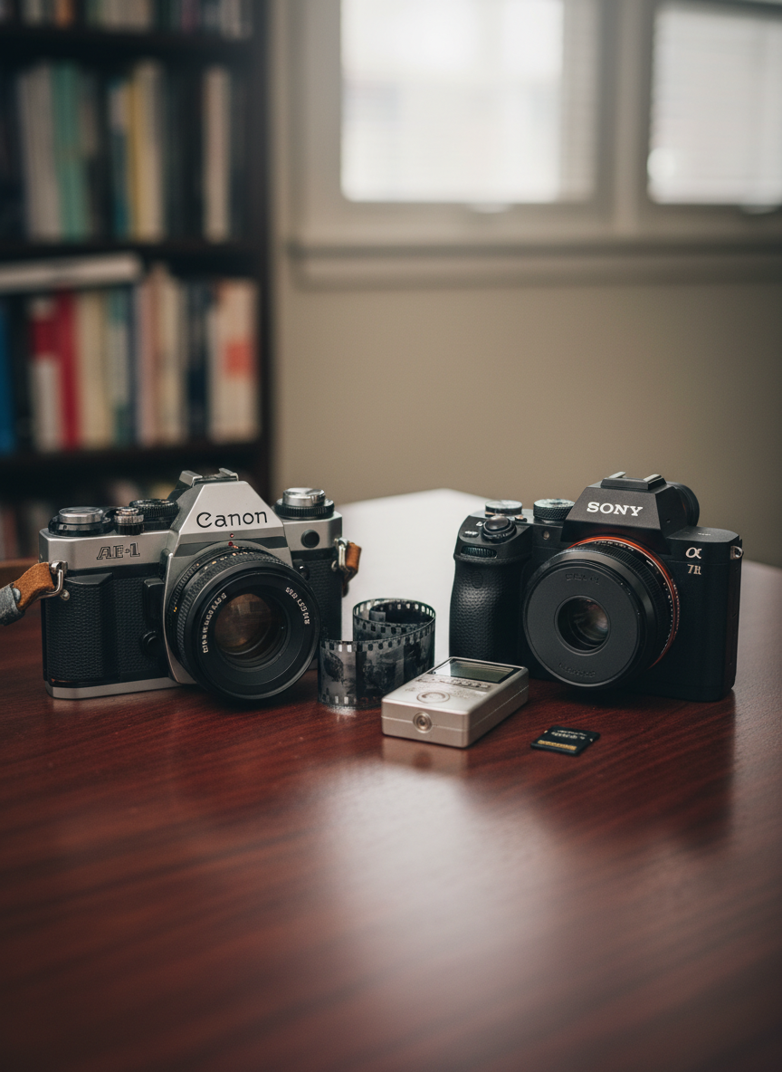 A carefully staged comparison scene featuring a classic 35mm film SLR camera on one side and a modern digital mirrorless camera on the other, both resting on a smooth, dark wooden desk. Between them lie a strip of developed 35mm film, a compact memory card, and a small light meter. Neutral, diffused studio lighting from above and slightly behind creates a soft halo effect, subtly separating the two eras. Shot at eye level with a shallow depth of field that keeps both cameras sharp while gently blurring the background, the composition uses rule of thirds to balance old and new. The mood is thoughtful and analytical, underscoring the transition from chemical to digital imaging.