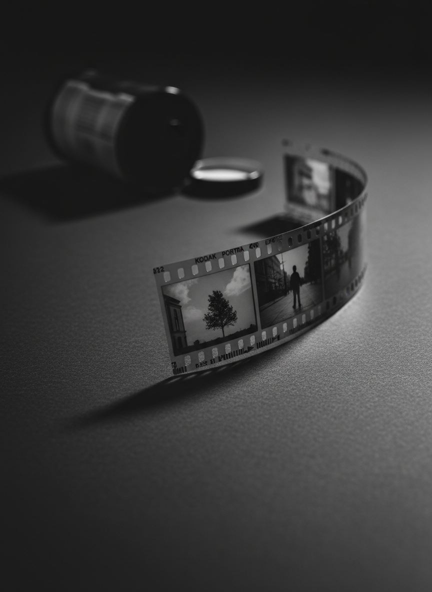 A close-up, highly detailed photograph of a strip of 35mm photographic film curling gently across a matte black surface. Individual frames with faint images are visible, along with crisp sprocket holes and fine edge markings. A metal film canister lies open in the background, softly blurred. Directional studio lighting from the right creates a subtle sheen on the film’s emulsion and casts a delicate shadow that accentuates its curve. Shot from a low, macro-like angle with very shallow depth of field, the composition feels precise and technical, ideal for illustrating the material properties of film stock in a research-oriented, professional context.