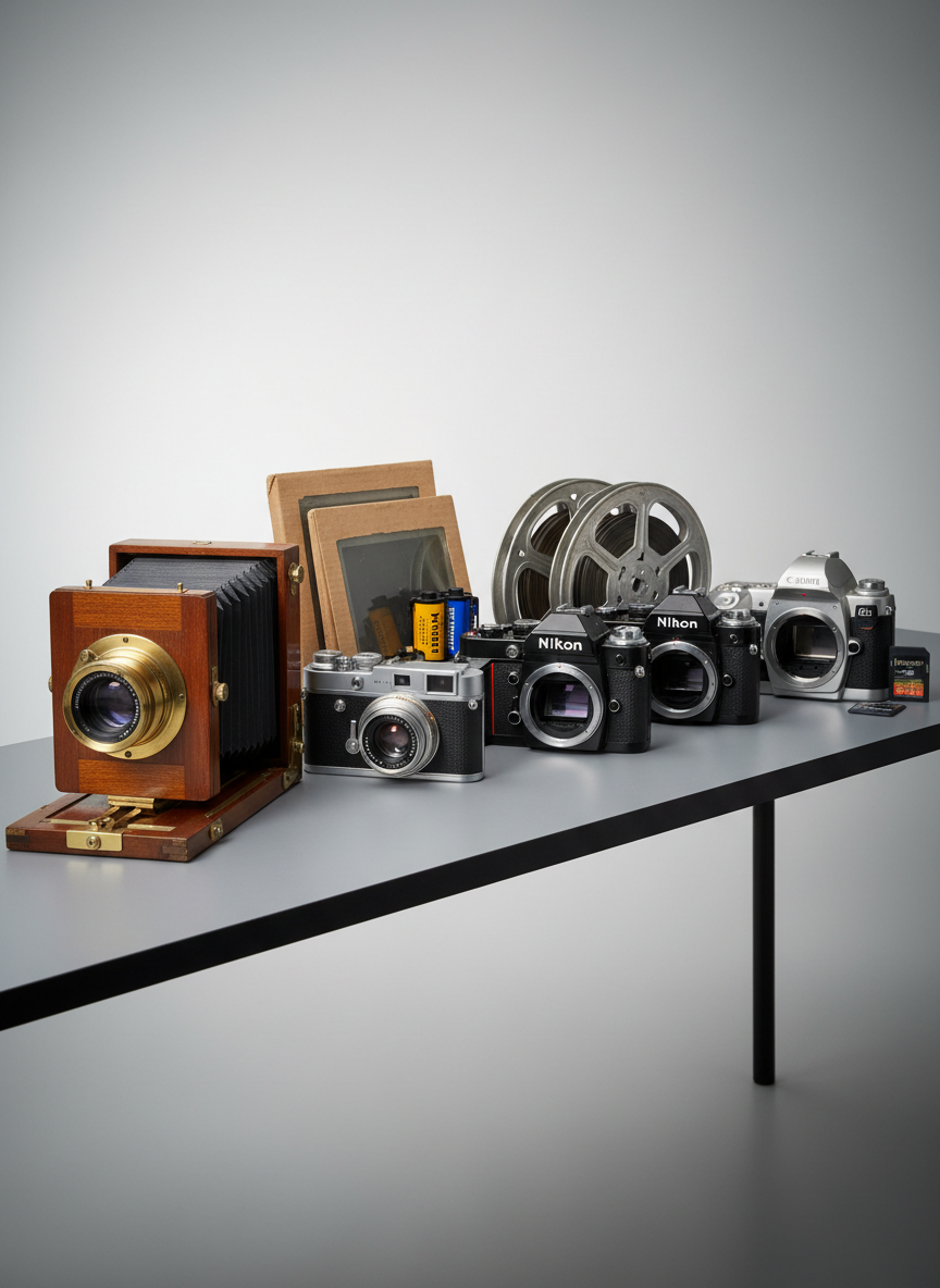 A chronological lineup of iconic film cameras and formats arranged on a long, neutral gray studio table, from a bulky 19th-century wooden large-format camera with brass lens, through a 35mm rangefinder and SLR, to an early digital camera body. Behind them, rolls of photographic film, motion picture reels, and a modern memory card are spaced neatly. Soft, even studio lighting from above and slightly to the side creates gentle reflections on metal and glass. Shot at eye level with sharp focus throughout, the background fades into a smooth gradient. The mood is educational and professional, conveying the evolution of imaging technology in a clean, photographic realism style suited for a research guide homepage hero image.